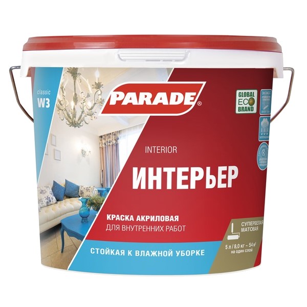 Краска "Parade" W3 акриловая Интерьер База А 5 л