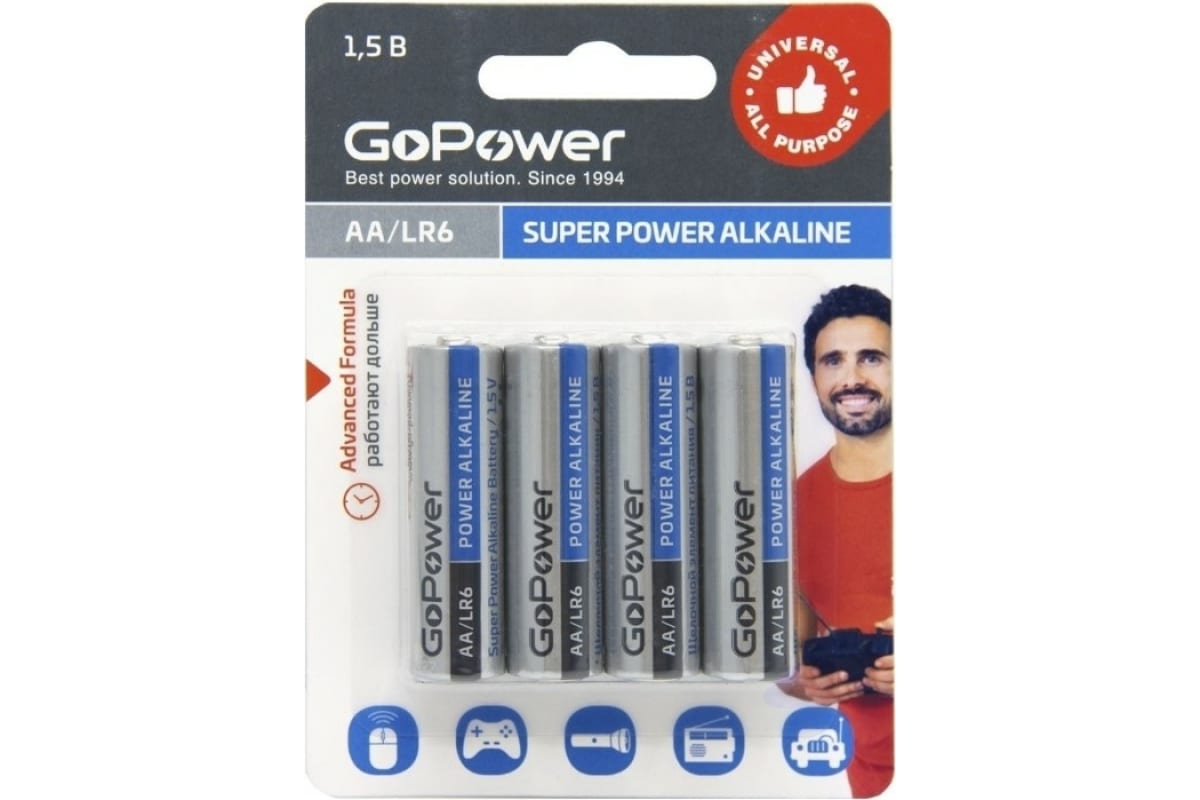 Батарейка GOPOWER алкалиновая LR6 AA BL4 1.5V 4 шт