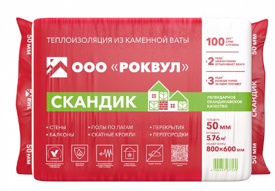 Утеплитель РОКВУЛ Лайт Баттс Скандик 50 х 600 х 800 мм П35 ( 12 плит; 5,76 м2 / 0,288 м3)