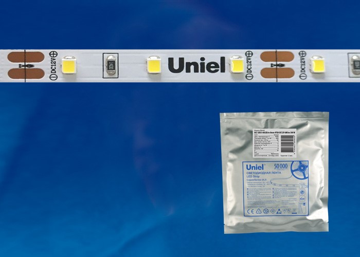 Светодиодная лента "Uniel" ULS-2835-120LED/m-8mm-IP20-DC12V-9,6W/m-5M- BLUE самокл. Синий