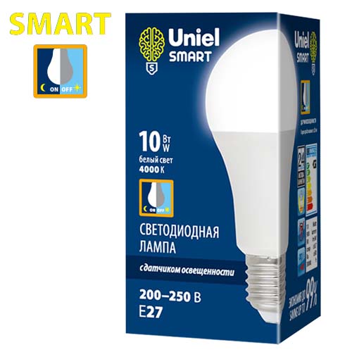 Лампа светодиодная с датчиком освещенности UNIEL 10Вт IP20 E27 4000K груша