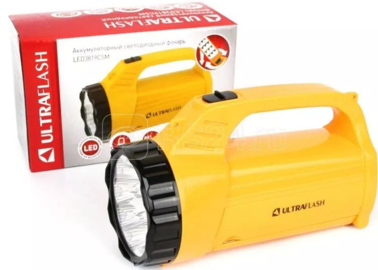 Фонарь аккумуляторный LED3819CSM 9LED + 12SMD 2 режима аккум. SLA 220В желт. Ultraflash 12102/12860